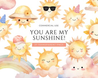 Cute Sun Clipart, DIGITAL DOWNLOAD, Watercolor Sun, Summer Sunshine, First Trip Around The Sun, Happy Smiling Sun, Free Commercial Use PNG