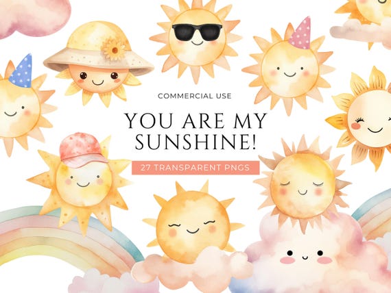 Cute Sun Clipart, DIGITAL DOWNLOAD, Watercolor Sun, Summer Sunshine, First Trip Around The Sun, Happy Smiling Sun, Free Commercial Use PNG