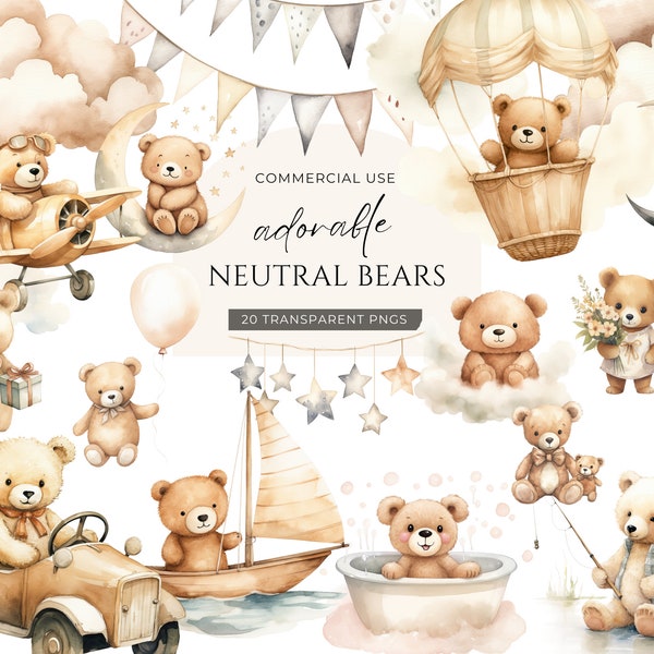 Neutral Teddy Bear Watercolor Clipart, DIGITAL DOWNLOAD, Boho Bear Clipart, Hot Air Balloon Baby Shower, Cute Nursery Commercial Use PNG