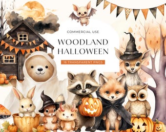Woodland Halloween Clipart, DIGITAL DOWNLOAD, Cute Spooky Forest Creature Clip Art, Watercolor Autumn Fall, Bear Fox Deer Commercial Use PNG