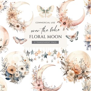 Watercolor Boho Clipart Bundle, DIGITAL DOWNLOAD, Moon Flower Clipart, Floral Butterflies Clip Art, Coffee Illustrations Commercial Use PNG image 3