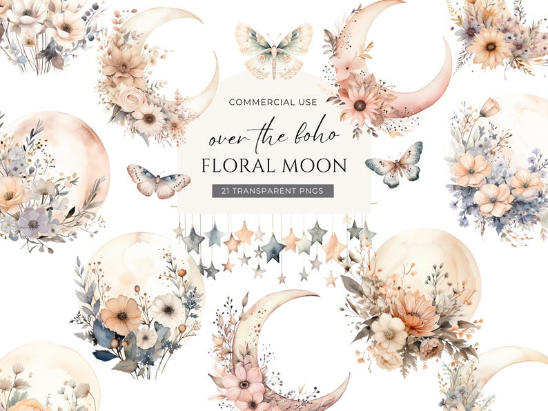 Watercolor Boho Clipart Bundle, DIGITAL DOWNLOAD, Moon Flower Clipart, Floral Butterflies Clip Art, Coffee Illustrations Commercial Use PNG image 3