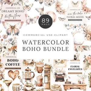 Pacchetto di clipart boho ad acquerello, DOWNLOAD DIGITALE, clipart di fiori di luna, clipart di farfalle floreali, illustrazioni di caffè per uso commerciale PNG