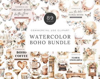 Watercolor Boho Clipart Bundle, DIGITAL DOWNLOAD, Moon Flower Clipart, Floral Butterflies Clip Art, Coffee Illustrations Commercial Use PNG