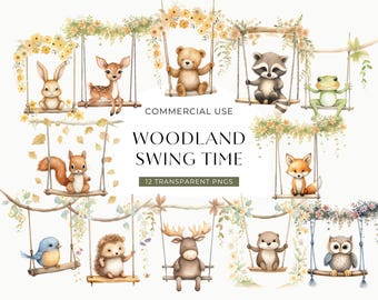 Animales en columpios Clipart Bosque, DESCARGA DIGITAL, Lindas criaturas del bosque en acuarela, Clip Art para baby shower, Uso comercial en guarderías PNG