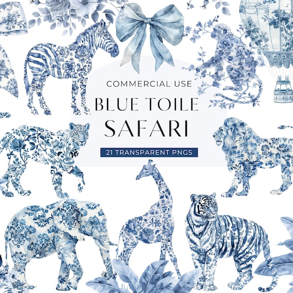 Safari Toile Clipart Blue, DIGITAL DOWNLOAD, Baby Shower Toile De Jouy Clip Art, Watercolor Chinoiserie Jungle Animals, Commercial Use PNG