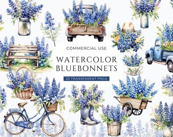Watercolor Bluebonnet Clipart, DIGITAL DOWNLOAD, Texas State Wildflower Clip Art, Sublimation Clipart, Blue Floral Wreath Commercial Use PNG