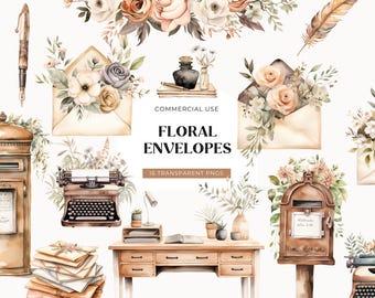 May include: A collection of watercolor illustrations featuring floral envelopes, a vintage typewriter, a wooden desk, a fountain pen, a feather quill, a mailbox, and a post box. The text reads COMMERCIAL USE FLORAL ENVELOPES 16 TRANSPARENT PNGS.