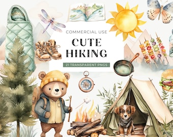 Cute Hiking Backpacking Clipart, DIGITAL DOWNLOAD, Watercolor Adventure Camping Clip Art, Outdoor Mountain Forest Hike, Commercial Use PNG