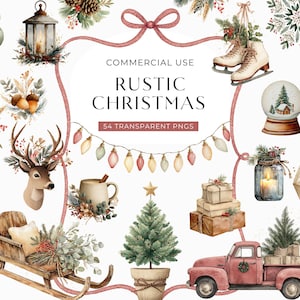 以下が含まれることがあります： 赤いピックアップトラック、クリスマスツリー、スノードーム、スケート靴、鹿の頭など、素朴なクリスマスの要素を描いた水彩イラスト。テキストには「RUSTIC CHRISTMAS」と「54 TRANSPARENT PNGS」と書かれています。