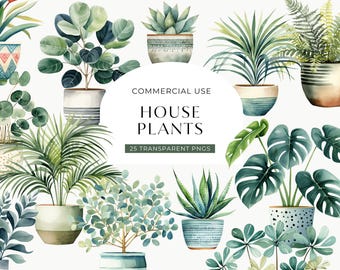 Op de afbeelding: Een verzameling aquarelillustraties van diverse groene kamerplanten in decoratieve potten, met de centrale tekst COMMERCIAL USE HOUSE PLANTS 25 TRANSPARENT PNGS, met varens, vetplanten en monstera-bladeren.