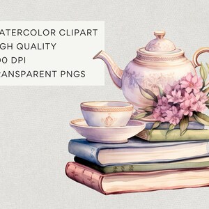 Tea And Books Clipart, DIGITAL DOWNLOAD, Watercolor Reading Clip Art, Book Club Lover, Vintage Tea Cup Set, Junk Journal Commercial Use PNG image 4