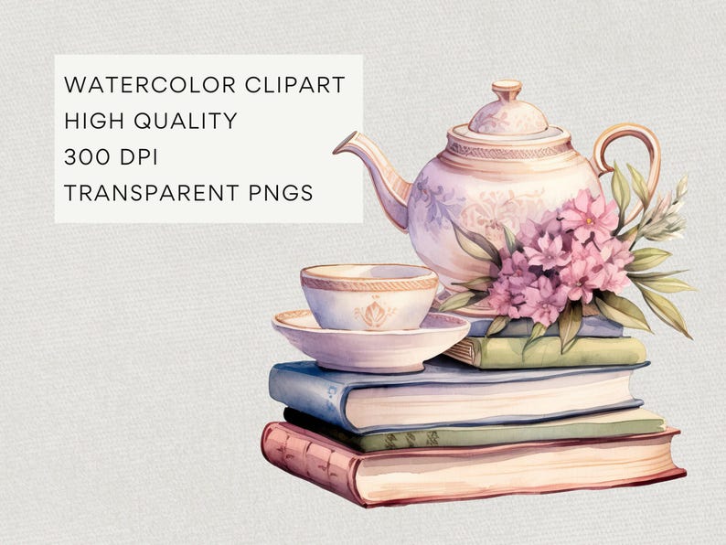 Tea And Books Clipart, DIGITAL DOWNLOAD, Watercolor Reading Clip Art, Book Club Lover, Vintage Tea Cup Set, Junk Journal Commercial Use PNG image 4