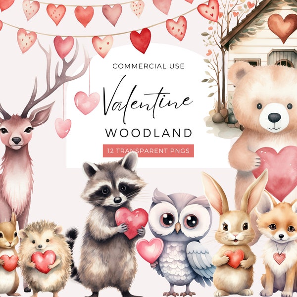 Woodland Animals Clipart Valentines, DIGITAL DOWNLOAD, Forest Creatures With Heart, Baby Shower Clipart, Bear Fox Nursery Commercial Use PNG