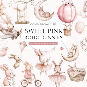 Pink Boho Bunny Clipart, DIGITAL DOWNLOAD, Baby Shower Rabbit Clip Art, Cute Watercolor Bunny Ballerina, Sleeping Bunnies Commercial Use PNG