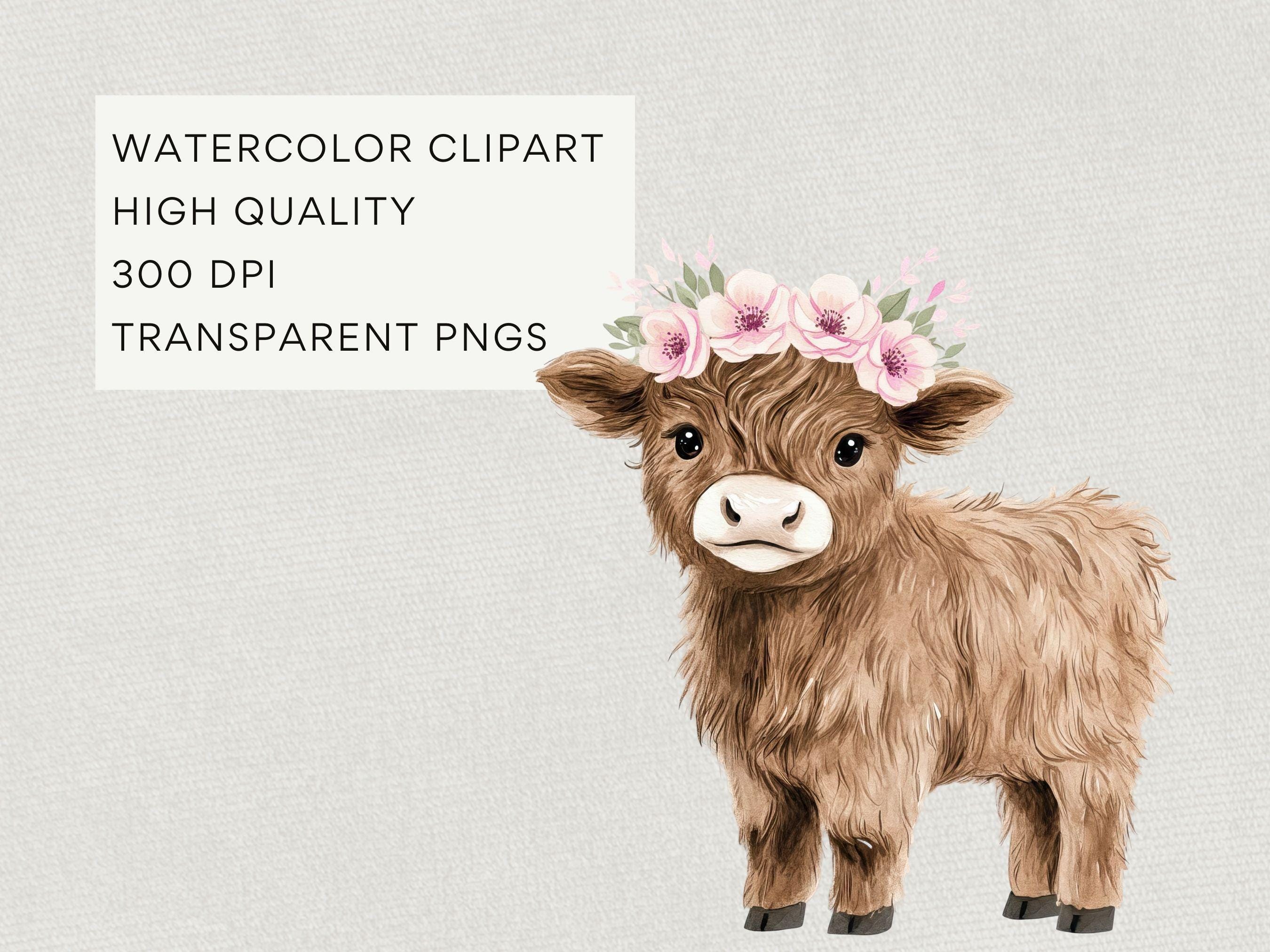 Highland Cow Clipart Pink, Watercolor Boho Floral Clip Art, Rustic Girl ...