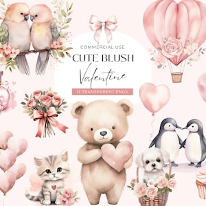 Lindo clipart de San Valentín, descarga digital, osito de peluche de San Valentín, corazones de acuarela rosa ruborizado, planificador de febrero, uso comercial PNG