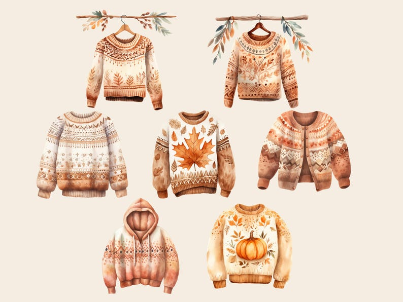 Autumn Sweater Watercolor Clipart, DIGITAL DOWNLOAD Fall Sweater Graphic, Sweater Weather Illustration, Cozy Thanksgiving Commercial Use PNG image 2