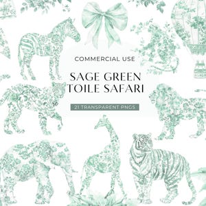 Toile de jouy vert sauge clipart, téléchargement numérique toile de jouy baby shower, aquarelle chinoiseries animaux de la jungle usage commercial PNG