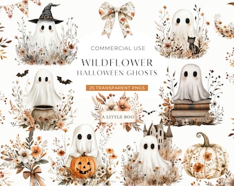 Floral Halloween Ghost Clipart, Boho Wildflower Ghost Clip Art, Watercolor Ghost And Flower Images, Little Boo Baby Shower DIGITAL PNG