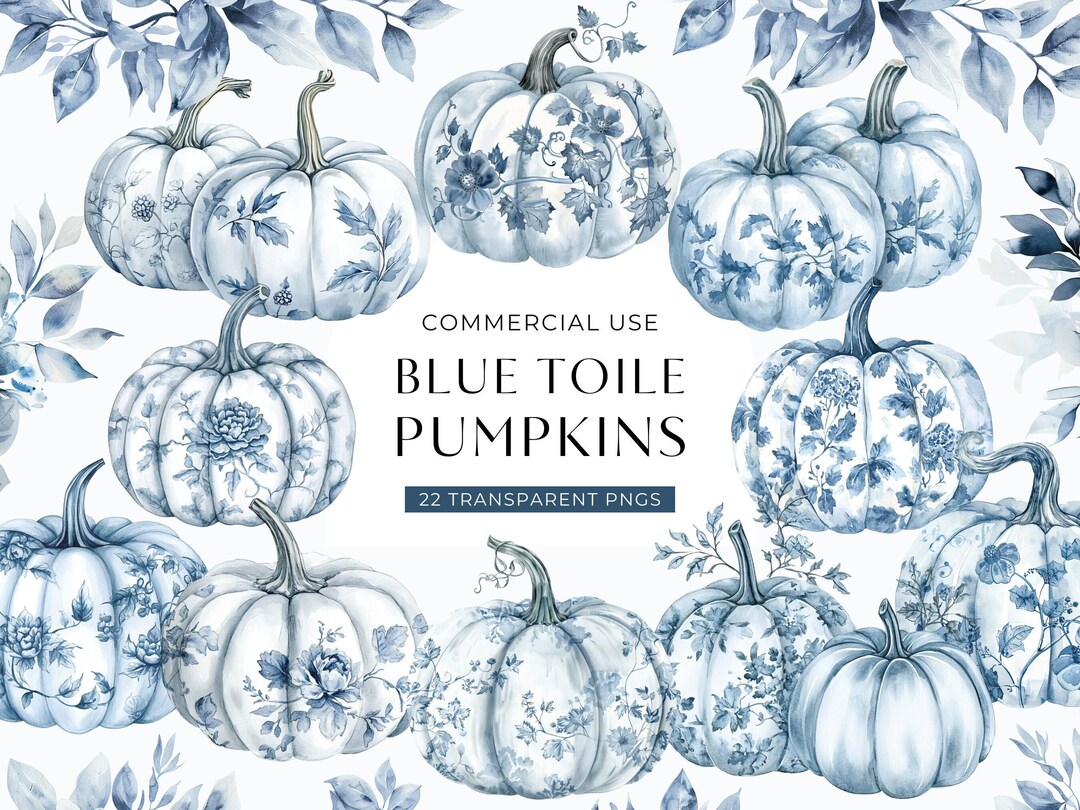 Toile Pumpkins Clipart Blue, DIGITAL DOWNLOAD, Watercolor Floral ...