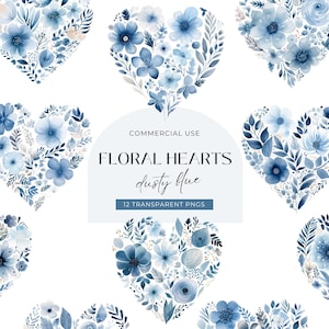 Clipart cuore floreale blu, DOWNLOAD DIGITALE, cuore con fiori, acquerello di San Valentino, invito per baby shower con cuore d'amore, uso commerciale PNG