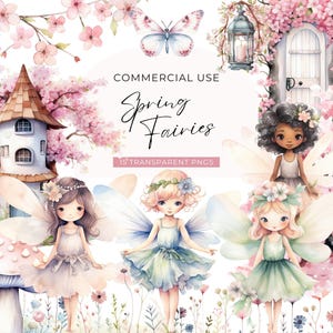 Clipart fata primaverile ad acquerello, DOWNLOAD DIGITALE, Clip art giardino fatato pastello rosa, porta casa fatata, uso commerciale fungo floreale PNG