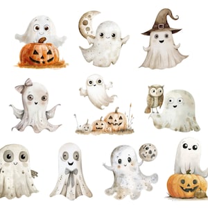 かわいいゴースト クリップアート デジタル ダウンロード、風変わりなハロウィーン クリップアート、水彩のフクロウとカボチャ、リトル ブー ベビーシャワー 商用利用 PNG 画像 2