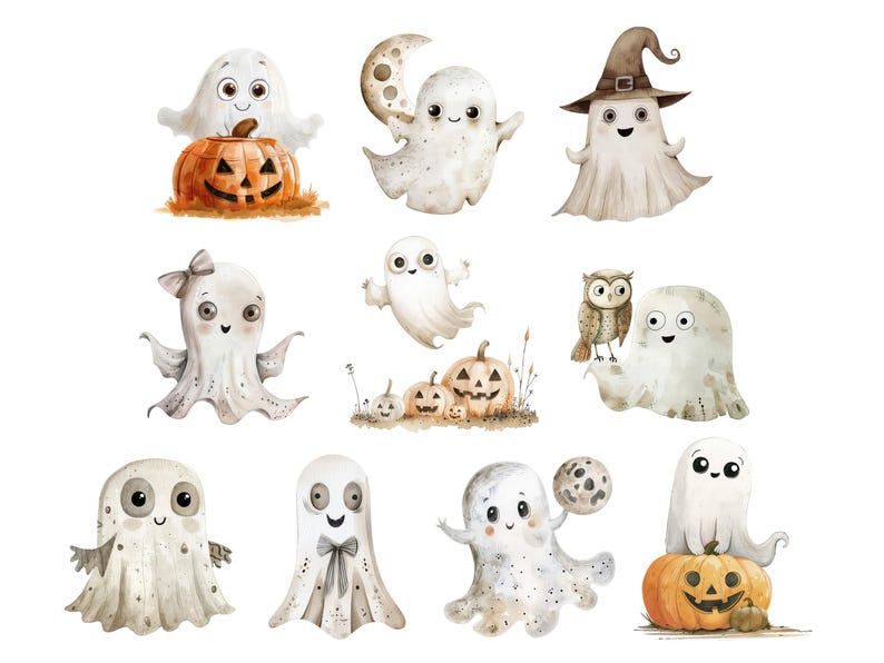 かわいいゴースト クリップアート デジタル ダウンロード、風変わりなハロウィーン クリップアート、水彩のフクロウとカボチャ、リトル ブー ベビーシャワー 商用利用 PNG 画像 2