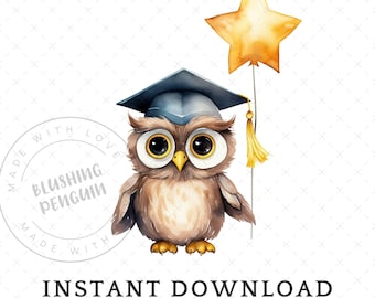 Graduation Owl Clipart, Single Image DIGITAL DOWNLOAD, Watercolor Grad Cap PNG, Cute Teacher College Student Clip Art, Free Commercial Use