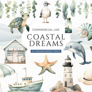 Clipart acquerello nautico costiero, DOWNLOAD DIGITALE, Clip art oceano, Vacanze estive al mare, Faro Stella marina Conchiglia Uso commerciale PNG