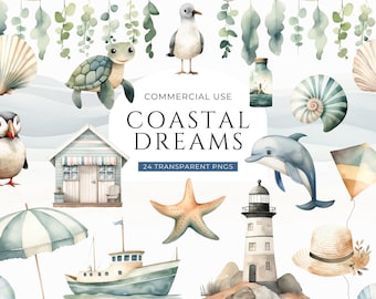 Clipart de acuarela náutica costera, DESCARGA DIGITAL, Clip Art del océano, Vacaciones de verano en el mar, Faro, estrella de mar, concha marina, uso comercial PNG