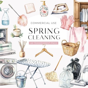 May include: A collection of watercolour illustrations featuring household cleaning items including a dishwasher, washing machine, vacuum, iron, ironing board, broom, mop, duster, laundry basket, cleaning sprays, gloves, and a closet with hanging clothes.
