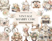 Shabby Chic Clipart, DIGITAL DOWNLOAD, Watercolor Junk Journal Clipart, Floral Scrapbook Clipart, Victorian Vintage Style Commercial Use PNG
