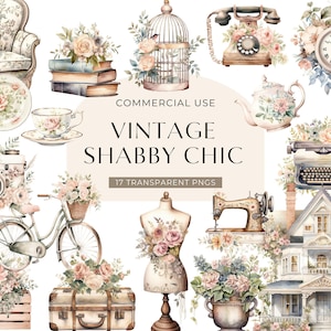 Imágenes prediseñadas de Shabby Chic, DESCARGA DIGITAL, Imágenes prediseñadas de diario basura de acuarela, Imágenes prediseñadas de álbum de recortes florales, PNG de uso comercial de estilo vintage victoriano