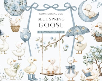 Imágenes prediseñadas de ganso azul de primavera, imágenes prediseñadas de ganso de acuarela vintage, imágenes rústicas para baby shower de niño, gráficos de cumpleaños estilo cottagecore, PNG digital