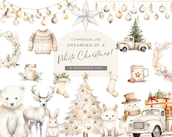 May include: A collection of watercolor Christmas illustrations including a polar bear, deer, rabbit, fox, snowman, decorated trees, a truck with a tree, a sweater, stockings, a candle, a mug, wreaths, and string lights with the text Dreaming of a White Christmas.