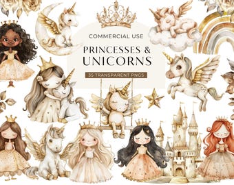 Clipart de princesa unicornio, lindo clip art de cuento de hadas de acuarela, clipart de invitación de fiesta infantil, uso comercial PNG de guardería bohemia para niñas, DIGITAL