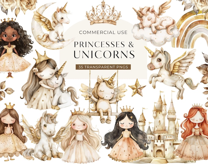 Princess Clipart Set - Cute Princess & Unicorn Clip Art Bundle ...
