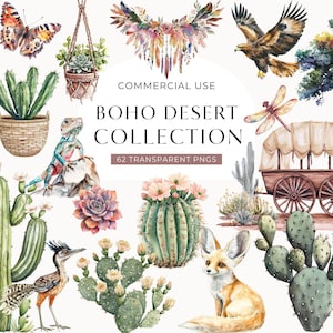 May include: A digital collection of watercolour illustrations featuring desert elements including cacti, succulents, a fox, a coyote, a roadrunner, a hawk, a dragonfly, a butterfly, and a covered wagon with the text COMMERCIAL USE BOHO DESERT COLLECTION.