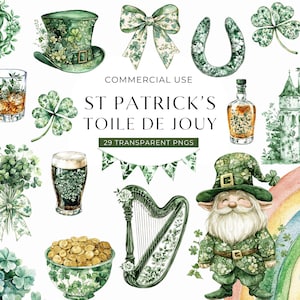 Puede incluir: Ilustraciones en acuarela con motivos del Día de San Patricio. Incluye un sombrero de copa verde, tréboles, una herradura, un duende, un arpa, un arcoíris, un castillo y un vaso de cerveza. El texto dice "ST PATRICK'S TOILE DE JOUY".