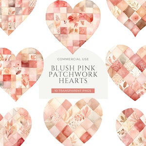 Clipart di cuori patchwork rosa, DOWNLOAD DIGITALE, Clipart di San Valentino carino, Clipart di baby shower a forma di cuore dolce, Uso commerciale di trapunte da cucito PNG
