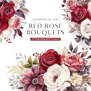 Clipart Saint-Valentin rose rouge, arrangement floral de mariage aquarelle Rose rouge, bouquet de fleurs de mariée, usage commercial PNG, téléchargement numérique