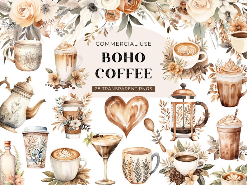 Watercolor Boho Clipart Bundle, DIGITAL DOWNLOAD, Moon Flower Clipart, Floral Butterflies Clip Art, Coffee Illustrations Commercial Use PNG image 4