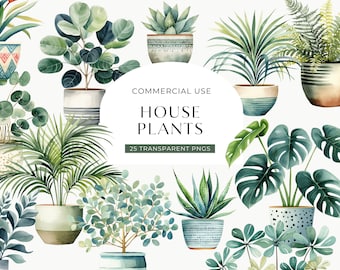 Watercolor House Plant Clipart, DIGITAL DOWNLOAD, Potted Plant Illustration, Greenery Botanical Graphic, Succulent Cactus Commercial Use PNG