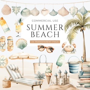 May include: A collection of watercolour summer beach illustrations including seashells, a palm tree, a surfboard, a lounge chair, a beach umbrella, a tote bag, sunglasses, a crab, a sandcastle, a bucket, a shovel, books, and ice cream.
