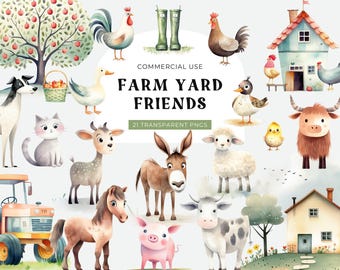Cute Farm Animals Clipart, DIGITAL DOWNLOAD, Farm Birthday Clipart, Nursery Clipart, Cow Sheep Pig, Farm Scene Watercolor Commercial Use PNG
