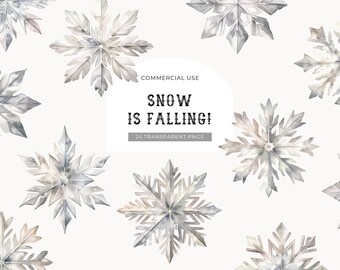 Clipart de acuarela de copos de nieve plateados, DESCARGA DIGITAL, Clipart de copos de nieve navideños, Nieve navideña que cae, Gráficos de invierno para uso comercial PNG