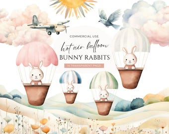 Clipart de conejito en globo aerostático, descarga digital, clipart de animales bebés de primavera en acuarela, lindos conejos pastel, PNG transparente para uso comercial