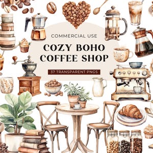 Coffee Shop Clipart, DIGITAL DOWNLOAD, Watercolor Coffee Lover Clipart, Coffee Bean Clip Art, Coffee Cup, Cozy Boho Cafe Commercial Use PNG